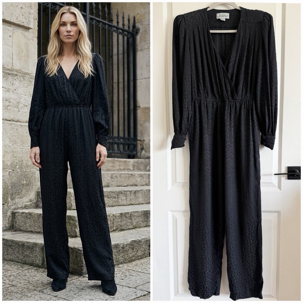 VTG 80s Adrianna Papell Silk Jumpsuit Women Sz 8 Black Leopard Print Pleated